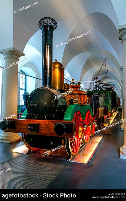 DRESDEN, GERMANY - MAY 2015: first steam locomotive Saxonia in Dresden Transport Museum on May 25, 2015 in Dresden, Germany