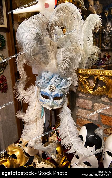 Handmade Venetian masks in a shop of a manufactory, Venice, Veneto, Italy, Europe