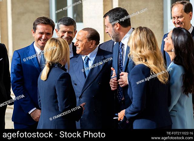 Matteo Salvini Silvio Berlusconi, Giorgia Meloni leaves at the end of a meeting with Italian President Sergio Mattarella for the first round of formal political...