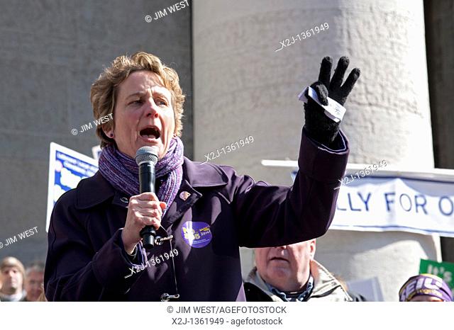 Columbus, Ohio - Mary Kay Henry, president of the Service Employees International Union, speaks at a rally at the Statehouse against SB5