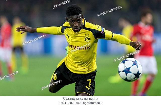 Dortmund's Ousmane Dembele heads the ball during the UEFA Champions League round of 16 second-leg soccer match between Borussia Dortmund and S.L