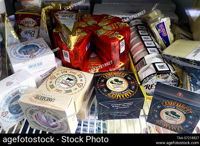 RUSSIA, MOSCOW - FEBRUARY 6, 2023: Packages of camembert and brie are pictured at Prodexpo 2023, the 30th international exhibition for food