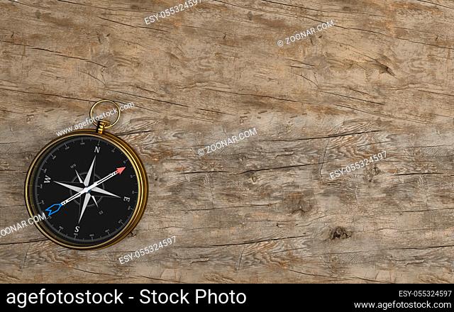 Golden compass on the wooden background. 3d illustration