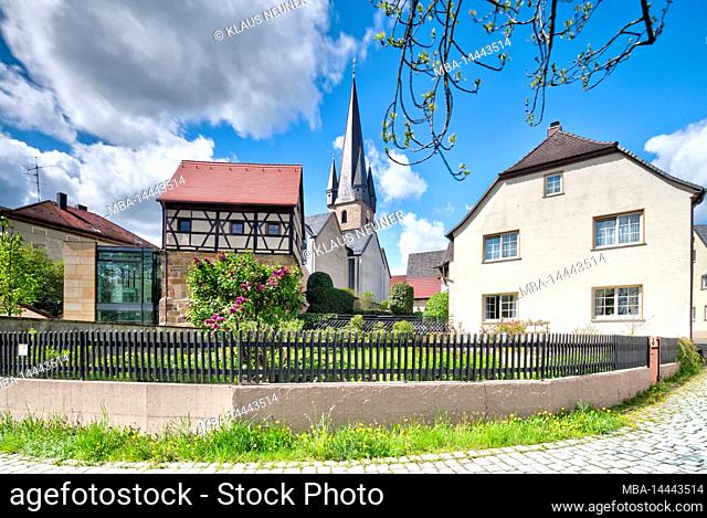 Ossuary, crib museum, church tower, half-timbered house, garden, architecture, village view, Baunach, Franconia, Germany, Europe