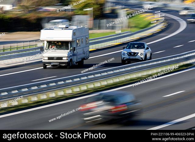 06 November 2022, Berlin: A motorhome is driving on the A114 freeway on the last day of the autumn vacations in Berlin and Brandenburg in the direction of...