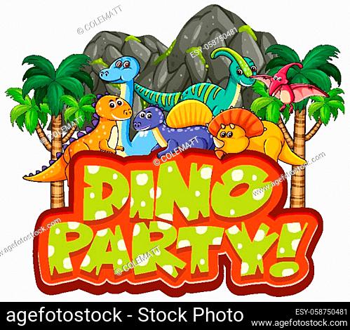 Font design for word dino party with many dinosaurs in forest illustration