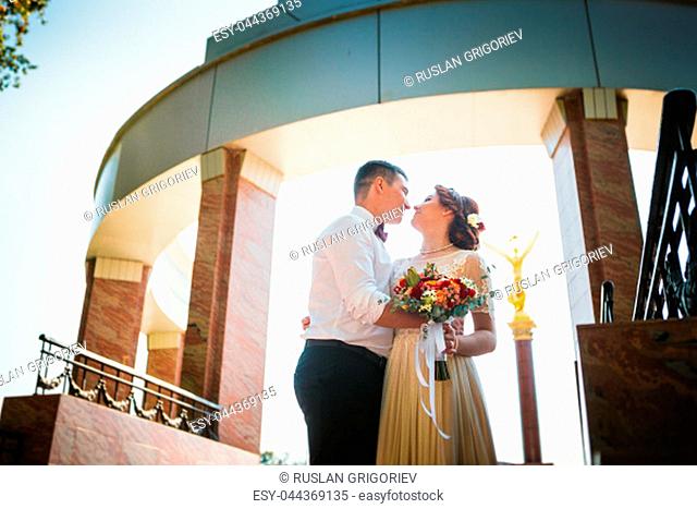 bride and groom on the background of the building