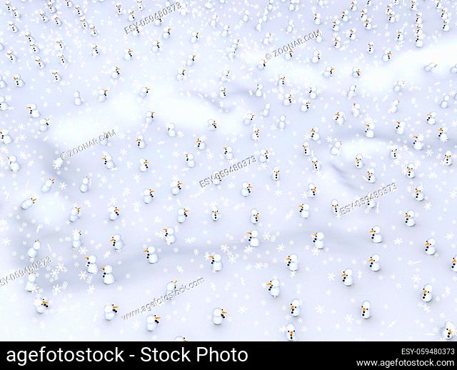 Small snowmen winter field, 3d illustration, horizontal background