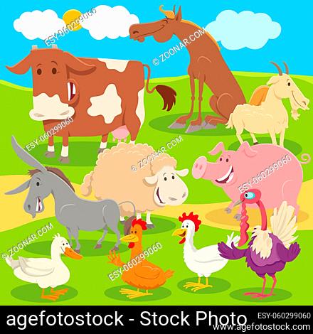 Cartoon illustration of funny farm animal characters group in the countryside