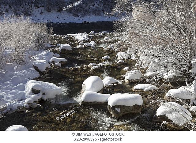 Glenwood Springs, Colorado - Grizzly Creek flows into the Colorado River in winter in Glenwood Canyon