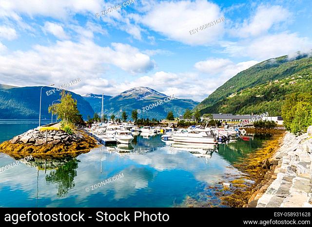 Port of Sylte or Valldal administrative center Norddal Municipality, More og Romsdal county, Norway with Valldalen valley and shore Norddalsfjorden
