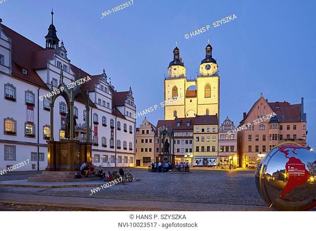 Market with City Hall and St. Mary's Church in Wittenberg, Saxony-Anhalt, Germany