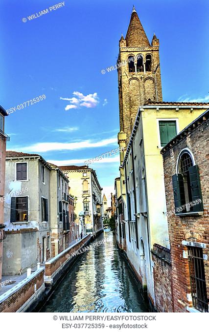 Colorful Small Canal Bridge Buildings Boats Reflections Venice Italy