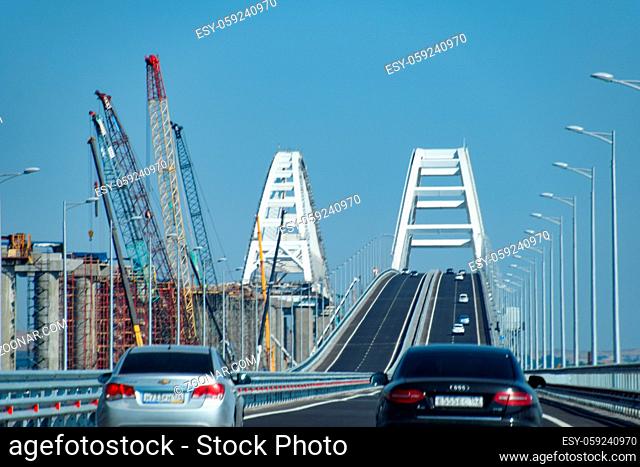 Crimean bridge, Taman, Russia - July 9, 2018: Driving along the Crimean bridge. A grandiose building of the 21st century. The new bridge