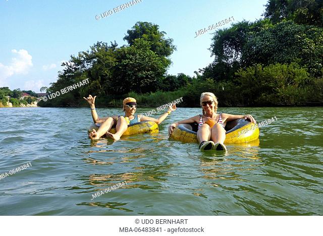 Asia, Laos, landlocked country, South-East Asia, Indo-Chinese peninsula, Nam Xong river, Vang Vieng, leisure time on the river, two tourists