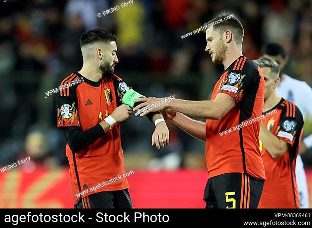 Belgium's Yannick Carrasco and Belgium's Jan Vertonghen pictured during a game between the Belgian national soccer team Red Devils and Azerbaijan, in Brussels