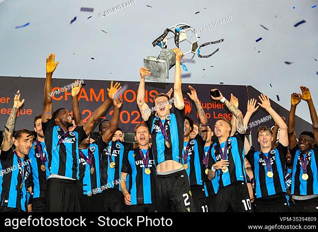 Club's players celebrate after a soccer match between Club Brugge KV and RSC Anderleht, Sunday 22 May 2022 in Brugge, on the sixth and last day of the...