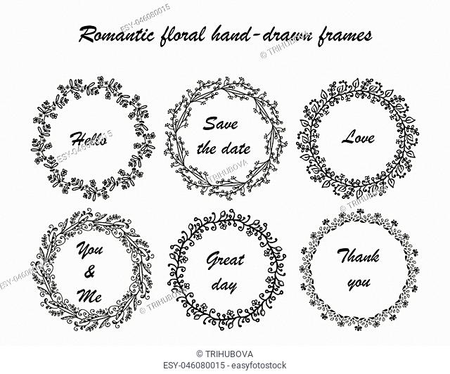 Hand drawn vintage vector design set of round frames. Collection of romantic froral hand-drown frames