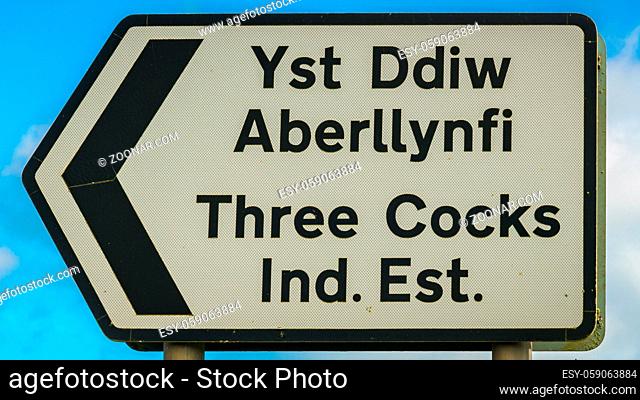 Sign: Three Cocks Industrial Estate (Welsh English)
