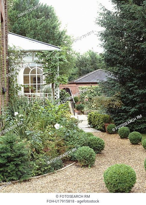 Clipped topiary balls edging gravel path to conservatory in country house garden