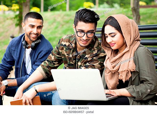 Three friends, sitting on bench in park, looking at laptop