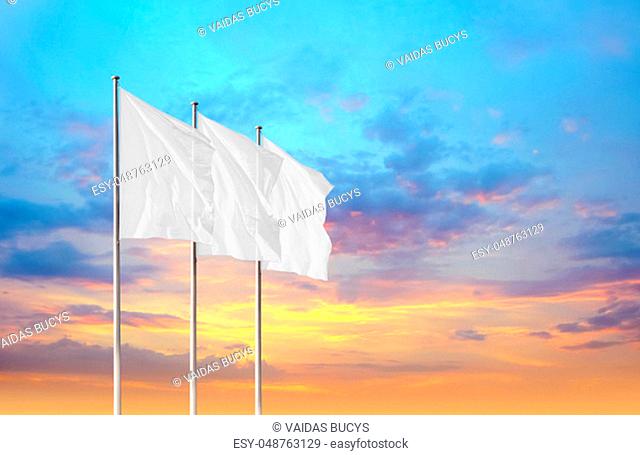 Three white blank flags waving in the wind against sunset sky. Perfect mockup to add any logo, symbol or sign