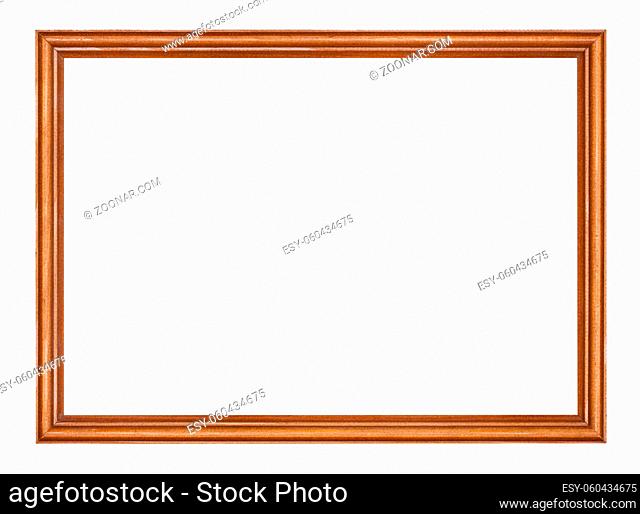 empty narrow brown lacquered wooden picture frame with cut out canvas isolated on white background