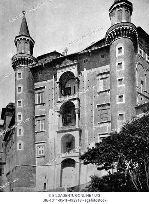 One of the first autotypes of the ducal palace, urbino, italy, historical photograph, 1884