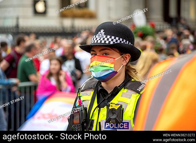 People celebrate in the street party atmosphere and take in performances at Pride Birmingham 2021 in Birmingham, United Kingdom Featuring: Atmosphere Where:...