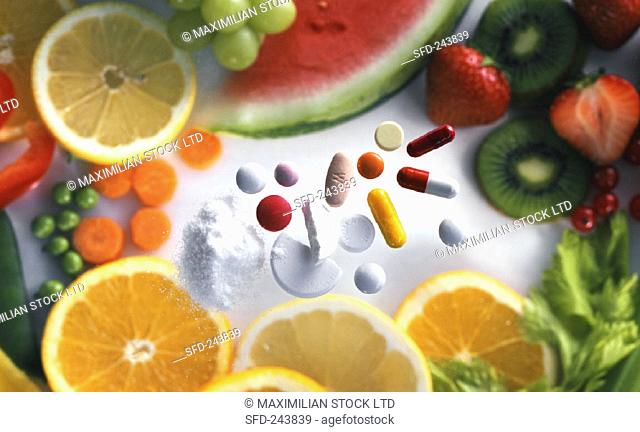 Vitamin tablets and powder, fruit and vegetables