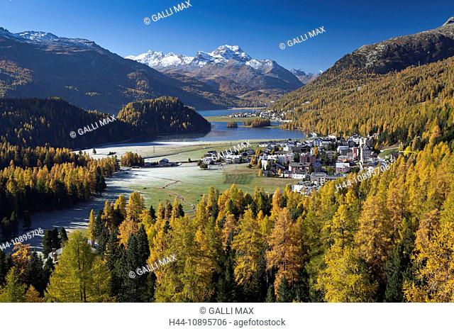 View, Champfer, Engadin, Graubunden, Grisons, autumn, hotel, Oberengadin, Upper Engadine, Champferersee, Switzerland, Europe, se