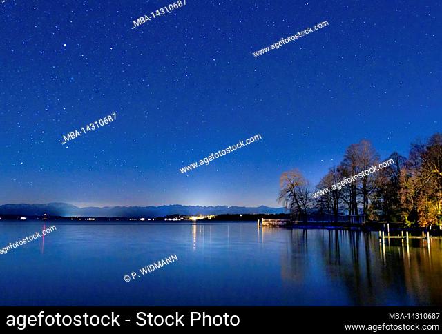 Starry sky over Starnberger See near Tutzing, Fünfseenland, Upper Bavaria, Bavaria, Germany, Europe