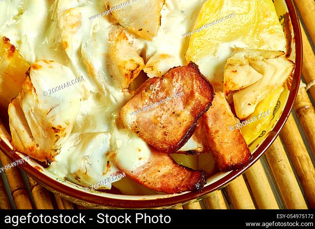 Smoked haddock savoy cabbage, bacon and creamy potato gratin