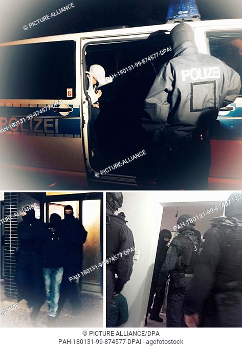 HANDOUT - The picture combo depicts raids by the federal police in Bad Muskau (Top), Berlin (Bottom, L) and Bremen in which suspected traffickers were arrested