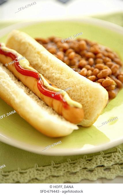 Hot Dog on a Bun with Baked Beans