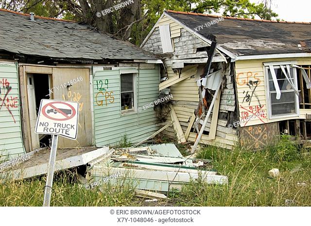 Homes which floated off their foundations in the flooding after Hurricane Katrina  Lower 9th Ward, New Orleans, LA