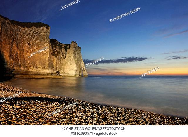 floodlit cliff, Etretat, Seine-Maritime department, Normandie region, France, Europe
