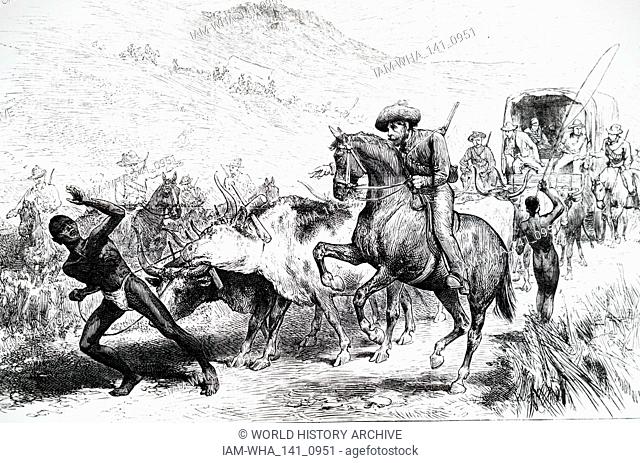 Illustration showing Unrest in Bechuianaland (Botswana): Boers levying unlawful duties on trader's Wagons. Cecil Rhodes helped secure much of Bechuanaland for...