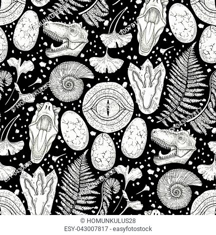 Prehistoric graphic collection of dinosaur body parts, fossils and plants. Vector seamless pattern drawn in engraving technique