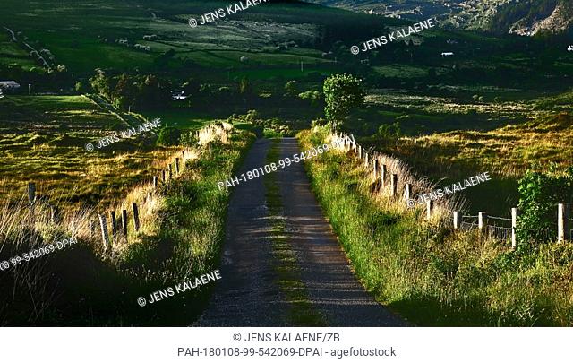 A small street leads across a landscape near Kenmare, Ireland, 30 May 2017.· NO WIRE SERVICE · Photo: Jens Kalaene/dpa-Zentralbild/ZB