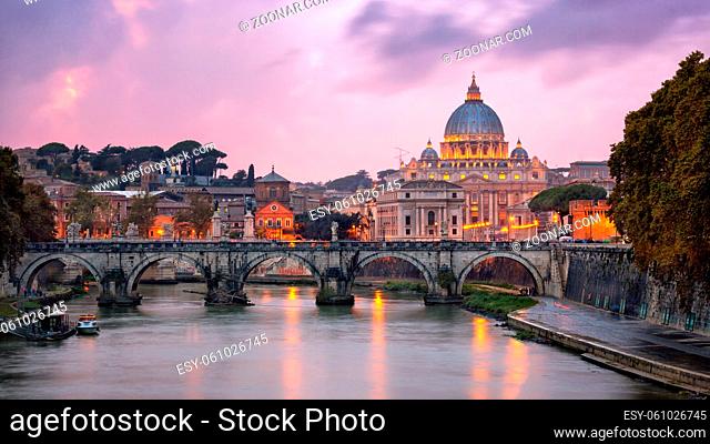 Tiber River and Saint Peter Cathedral in the Evening, Rome, Italy