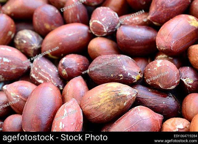 Peanut. A lot of small yellow nuts with brown peel. Background texture