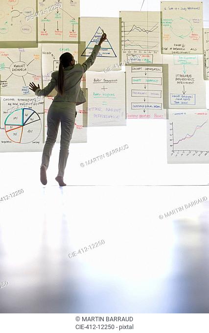 Businesswoman writing on paper on glass wall