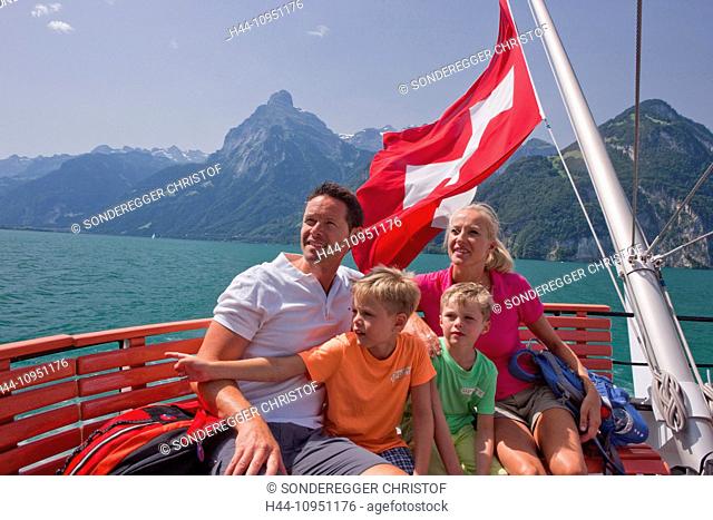 Switzerland, Europe, lake Lucerne, central Switzerland, steamboat, family, ship, boat, ships, boats, canton, UR, Uri, Swiss, flag, lake