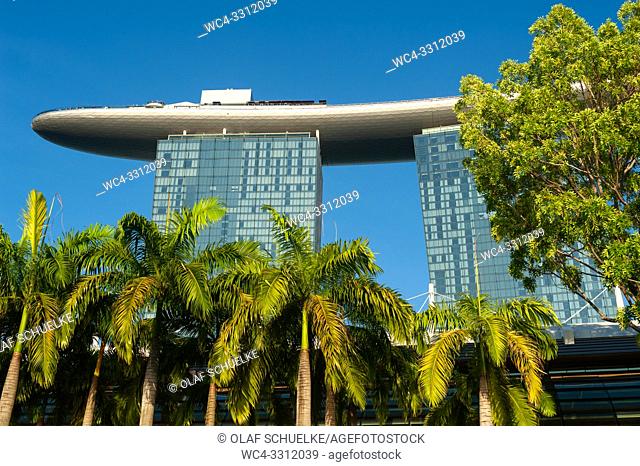 Singapore, Republic of Singapore, Asia - Palm trees in front of the Marina Bay Sands Hotel with its iconic rooftop terrace