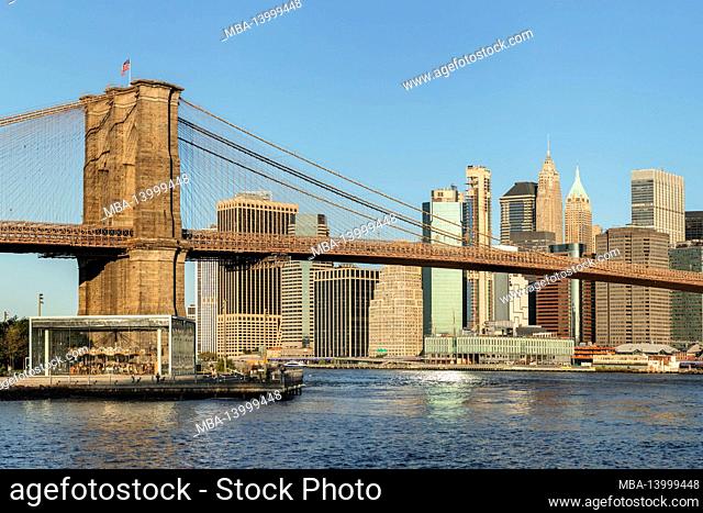 downtown manhattan skyline with brooklyn bridge, new york city, new york, usa