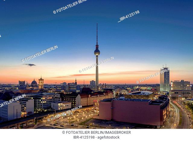 Berlin-Mitte with Alexanderplatz square, the Berlin TV Tower and the Park Inn Hotel, Berlin, Germany