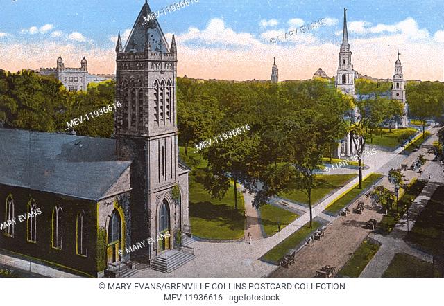 Three Churches on 'The Green' - New Haven, Connecticut, USA - a coastal city on Long Island Sound