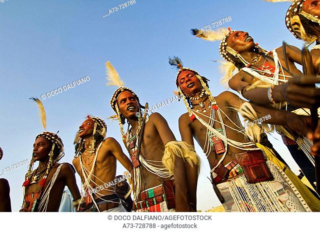 Young Bororo men dancing during Gerewol festival, the most important traditional meeting for Bororo tribe, Niger