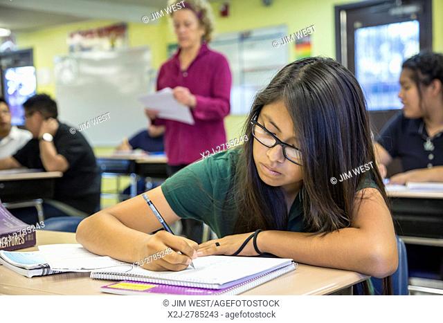 Thoreau, New Mexico - An eighth grade language arts class at St. Bonaventure Indian School, a Catholic school on the Navajo Nation